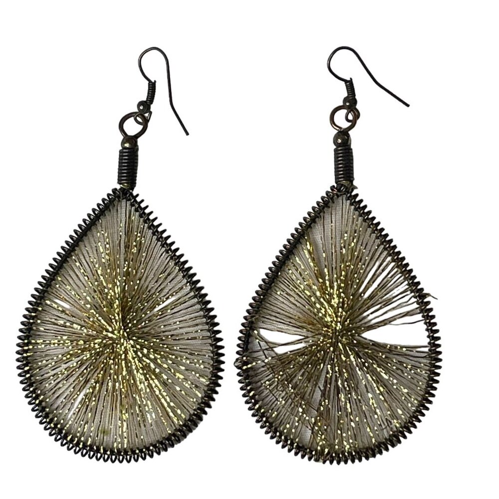 Teardrop Wire Wrapped Earrings Gold Glitter Thread Lightweight Boho Jewelry  u